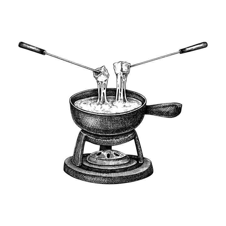 Cheese fondue sketch. Hand-drawn food illustration. Melted cheese in pot vector drawing. French cuisine menu design element. NOT AI generated